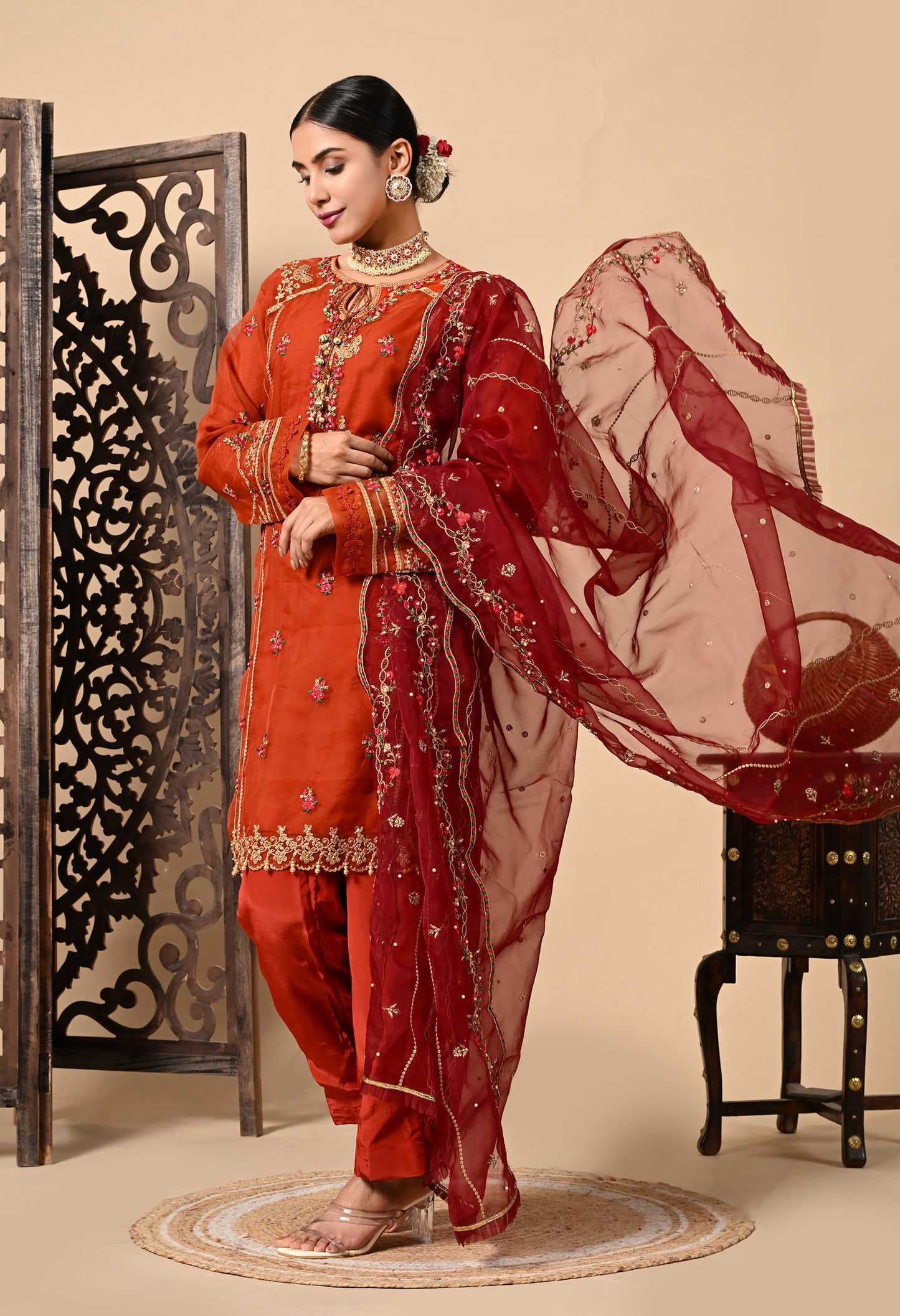 Lush Orange Maroon Kurta Set with Thread, Pearl, and Zardozi Work