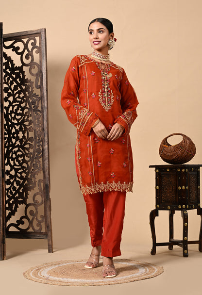 Lush Orange Maroon Kurta Set with Thread, Pearl, and Zardozi Work