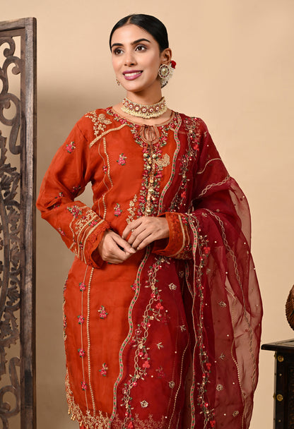 Lush Orange Maroon Kurta Set with Thread, Pearl, and Zardozi Work