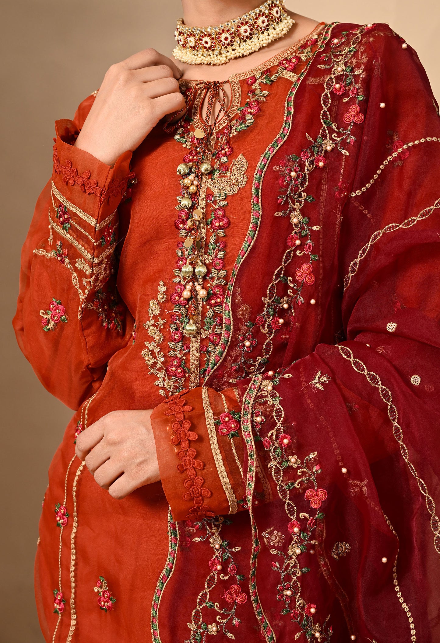 Lush Orange Maroon Kurta Set with Thread, Pearl, and Zardozi Work