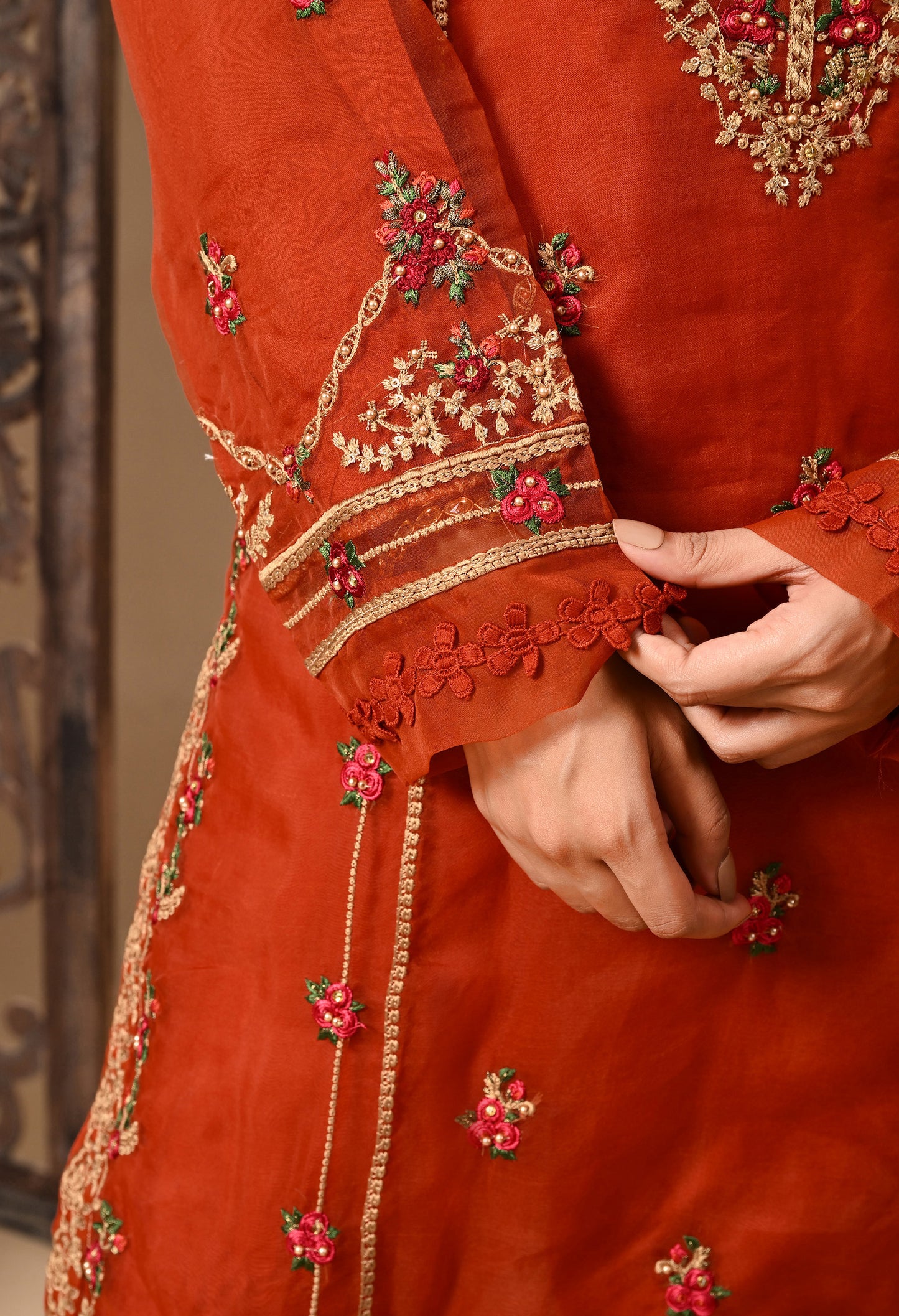 Lush Orange Maroon Kurta Set with Thread, Pearl, and Zardozi Work