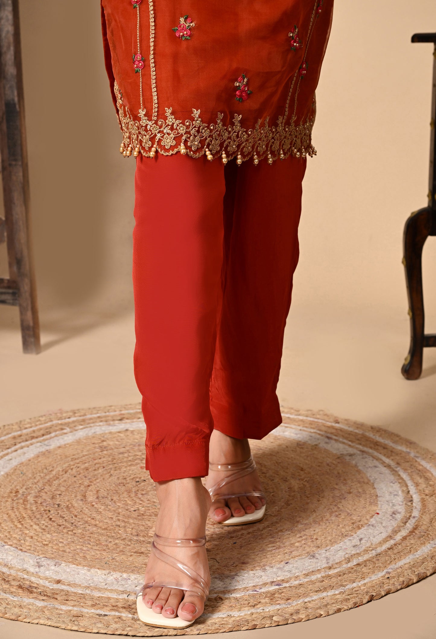 Lush Orange Maroon Kurta Set with Thread, Pearl, and Zardozi Work