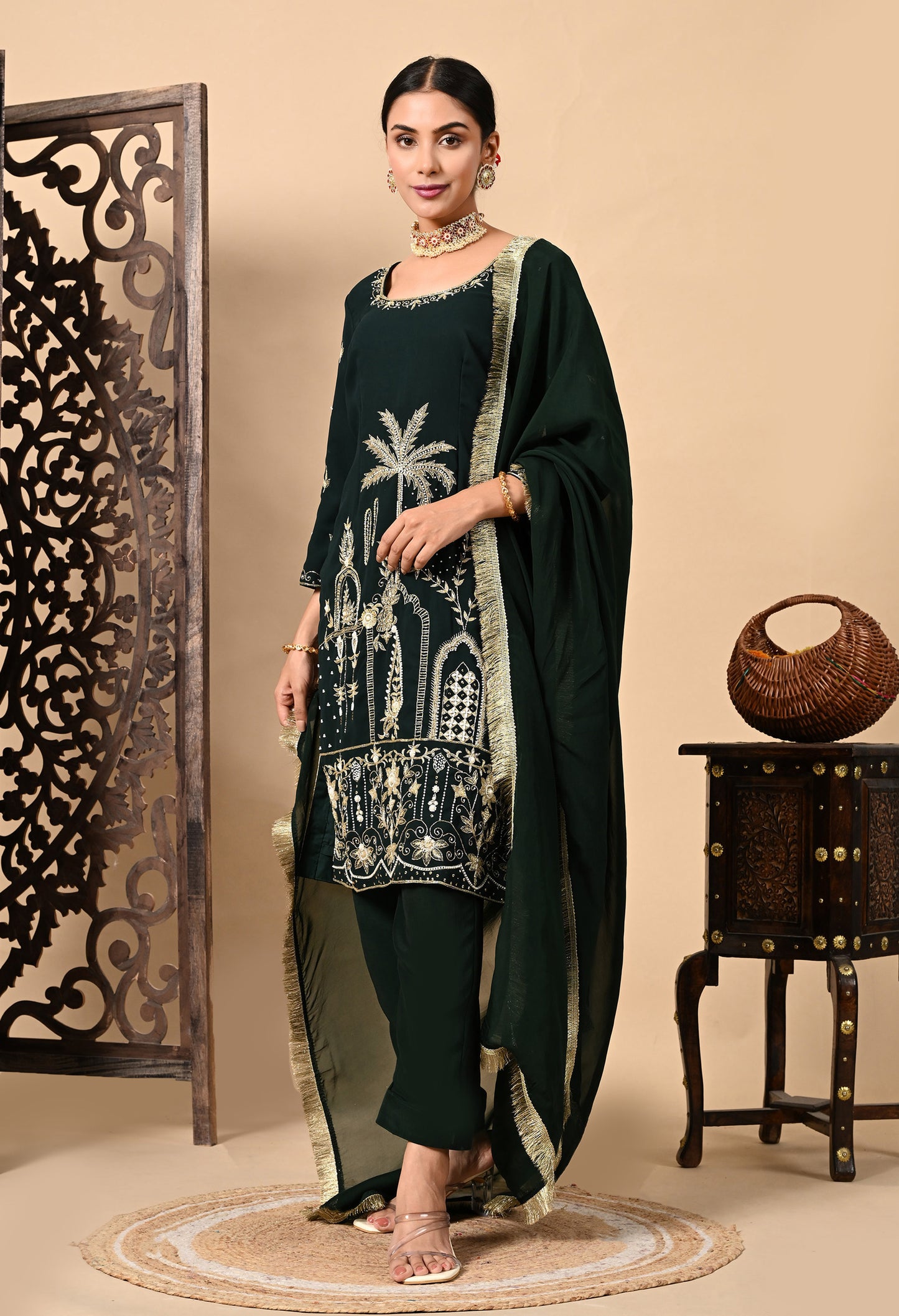 Bottle Green Kurta Set with Zardozi, Dabka, Sequence, Thread, and Pearl Work