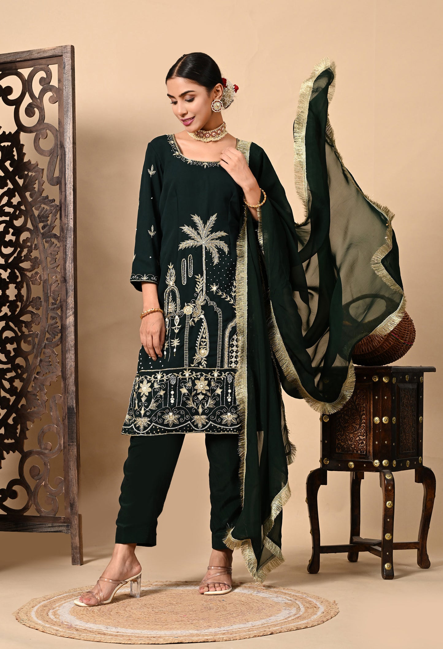 Bottle Green Kurta Set with Zardozi, Dabka, Sequence, Thread, and Pearl Work