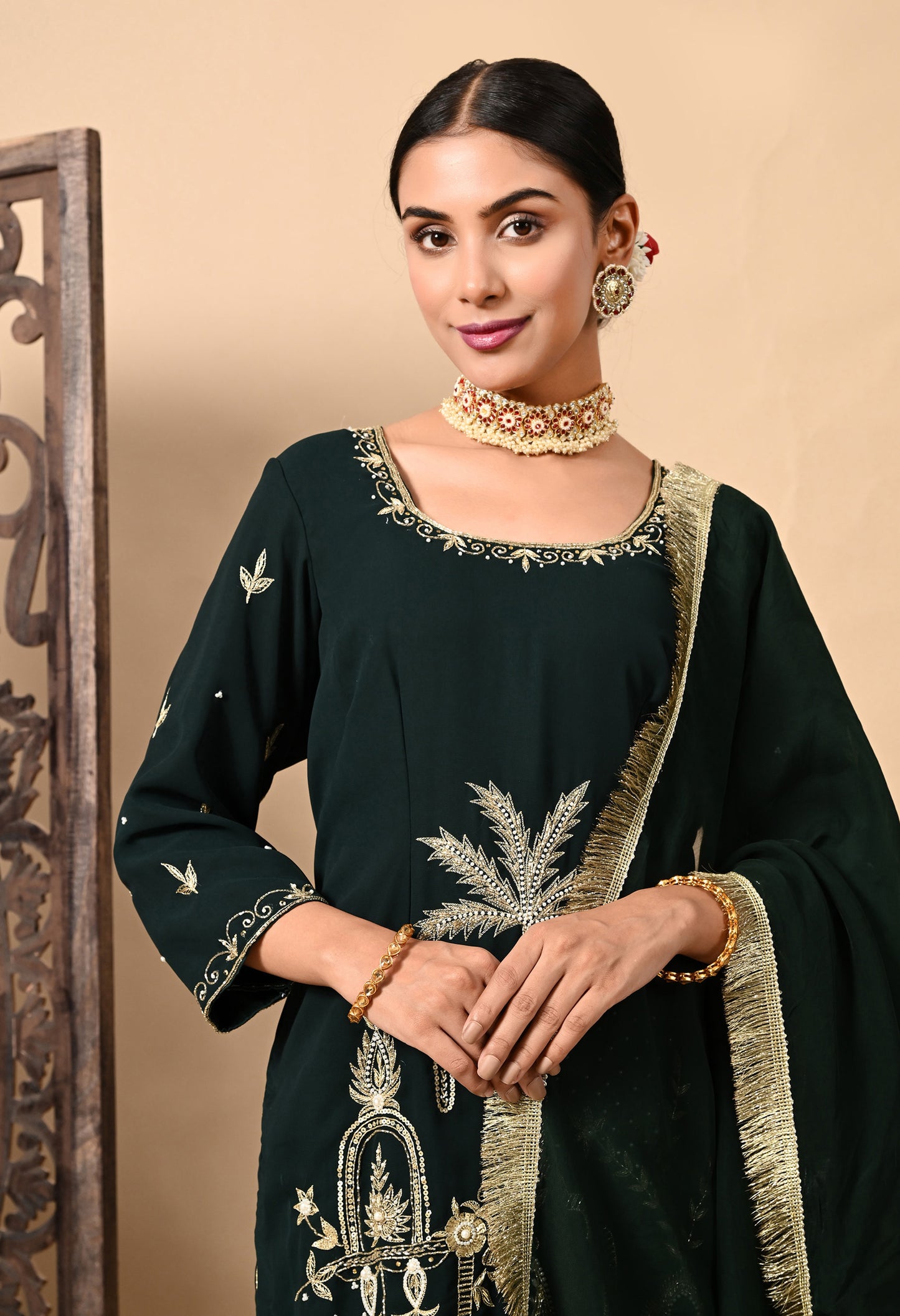 Bottle Green Kurta Set with Zardozi, Dabka, Sequence, Thread, and Pearl Work