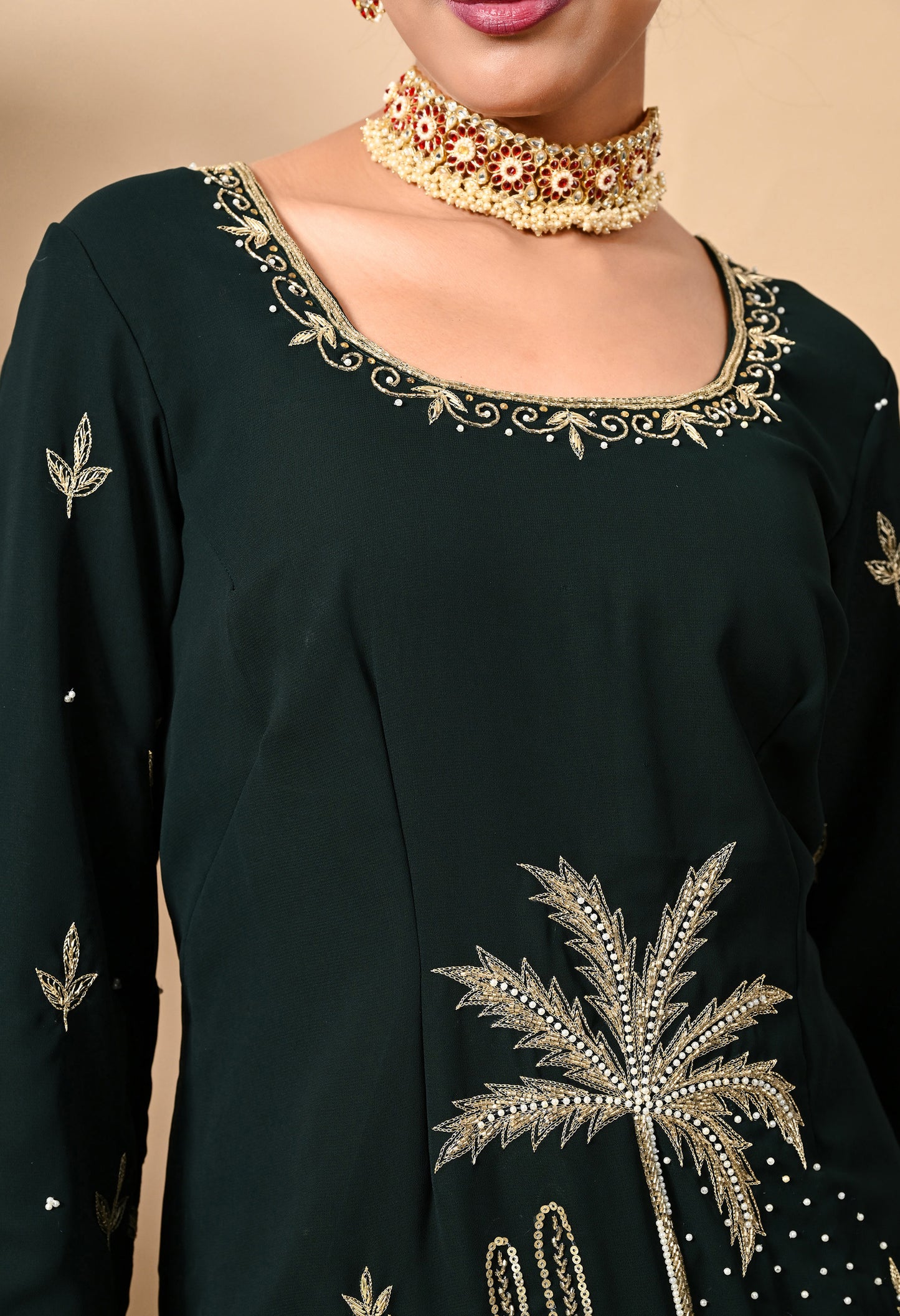 Bottle Green Kurta Set with Zardozi, Dabka, Sequence, Thread, and Pearl Work