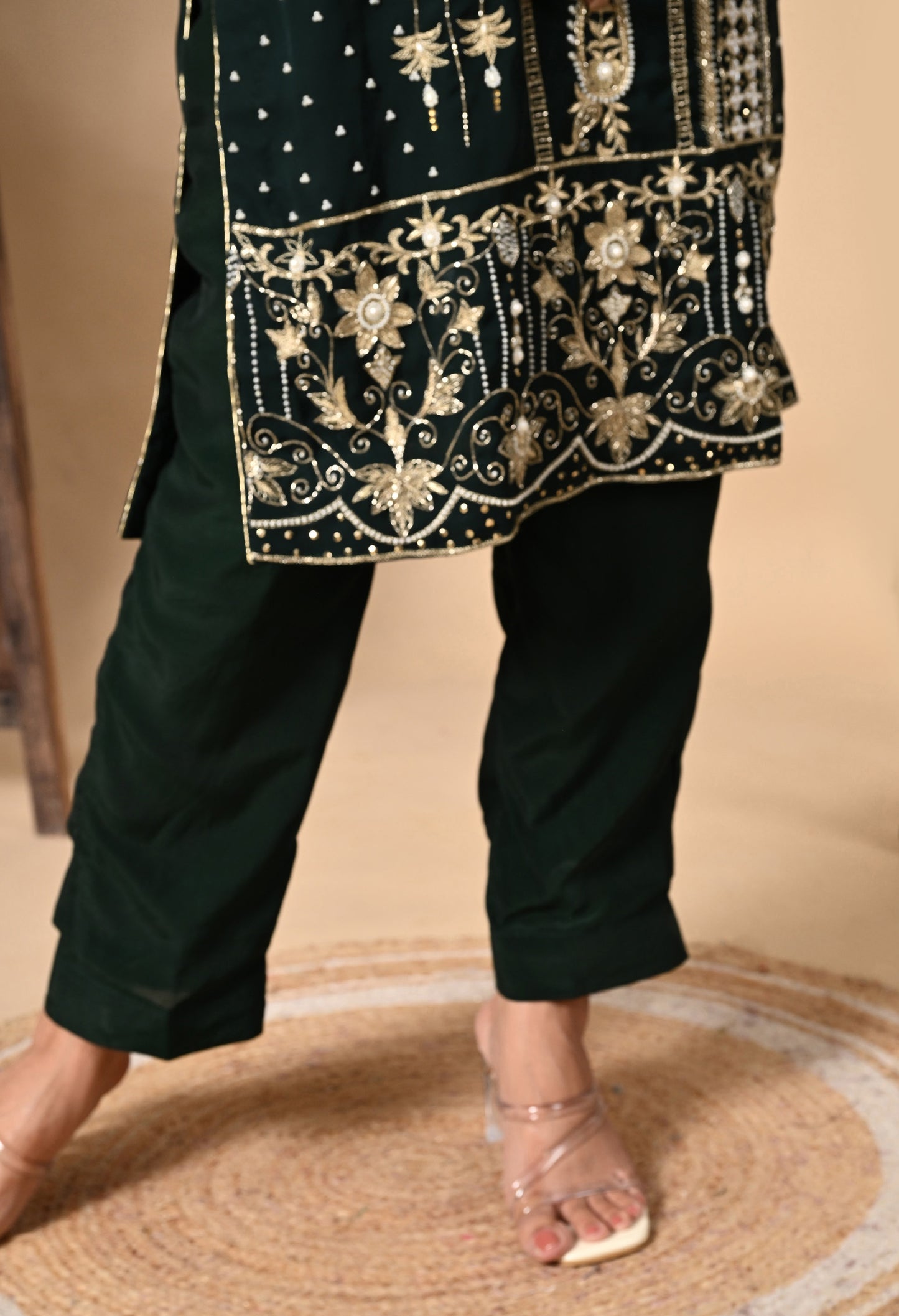 Bottle Green Kurta Set with Zardozi, Dabka, Sequence, Thread, and Pearl Work