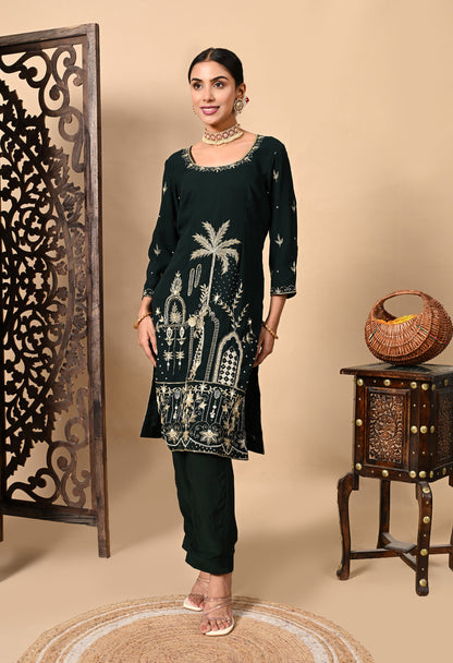 Bottle Green Kurta Set with Zardozi, Dabka, Sequence, Thread, and Pearl Work