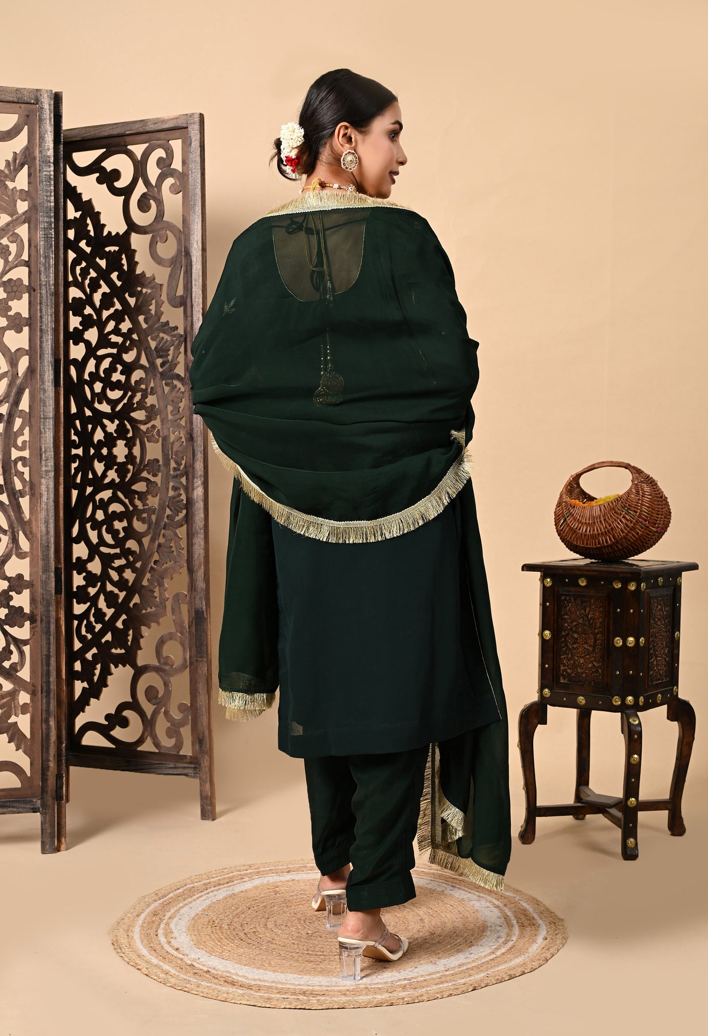 Bottle Green Kurta Set with Zardozi, Dabka, Sequence, Thread, and Pearl Work