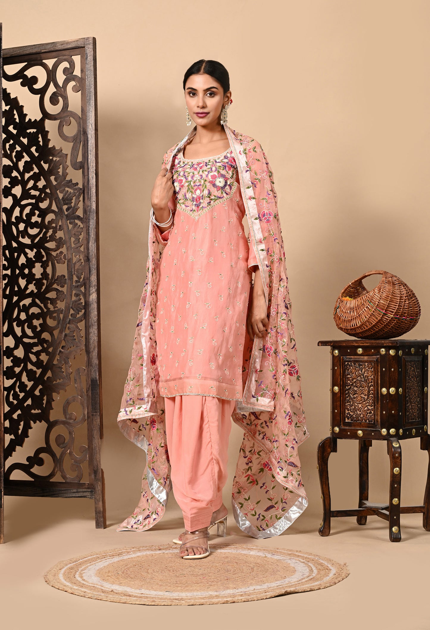 Dark Peach Kurta Set with Exceptional Parsi Thread and Crystal Work