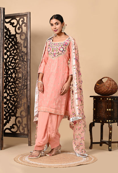 Dark Peach Kurta Set with Exceptional Parsi Thread and Crystal Work