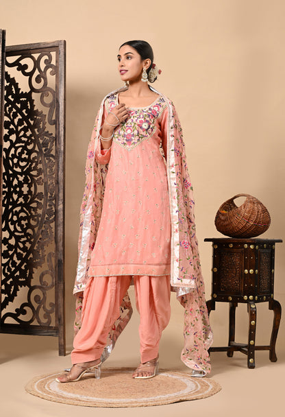 Dark Peach Kurta Set with Exceptional Parsi Thread and Crystal Work