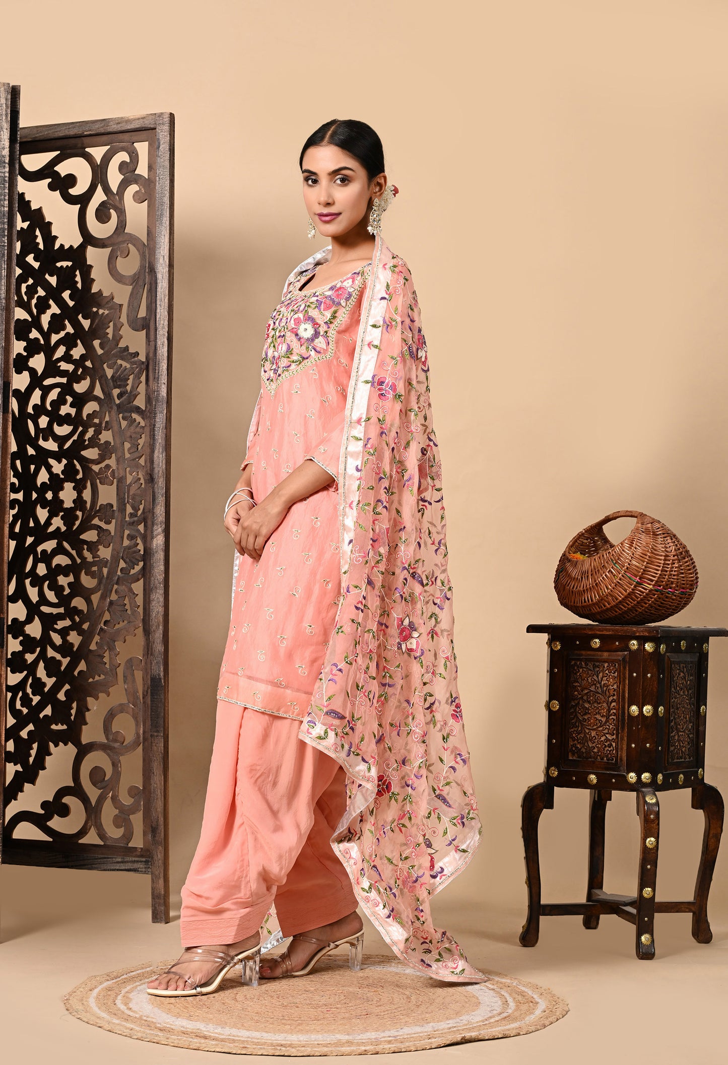 Dark Peach Kurta Set with Exceptional Parsi Thread and Crystal Work