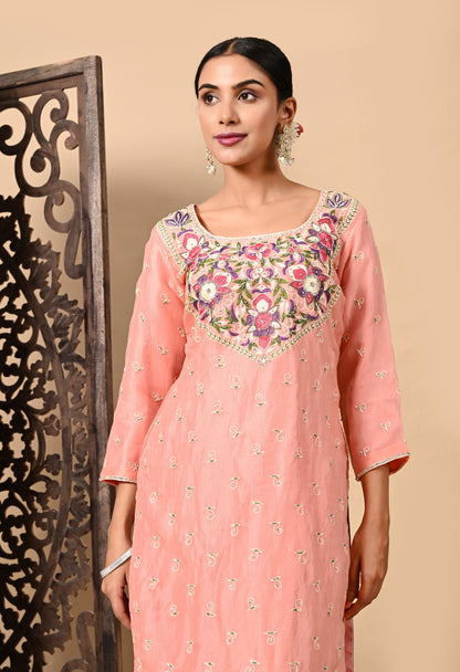 Dark Peach Kurta Set with Exceptional Parsi Thread and Crystal Work