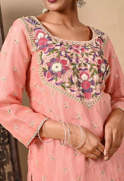 Dark Peach Kurta Set with Exceptional Parsi Thread and Crystal Work