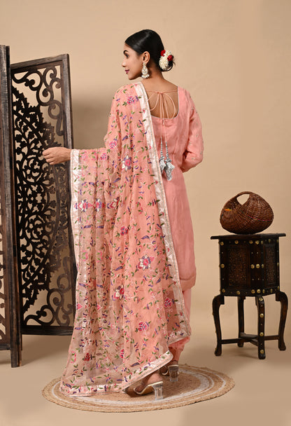 Dark Peach Kurta Set with Exceptional Parsi Thread and Crystal Work