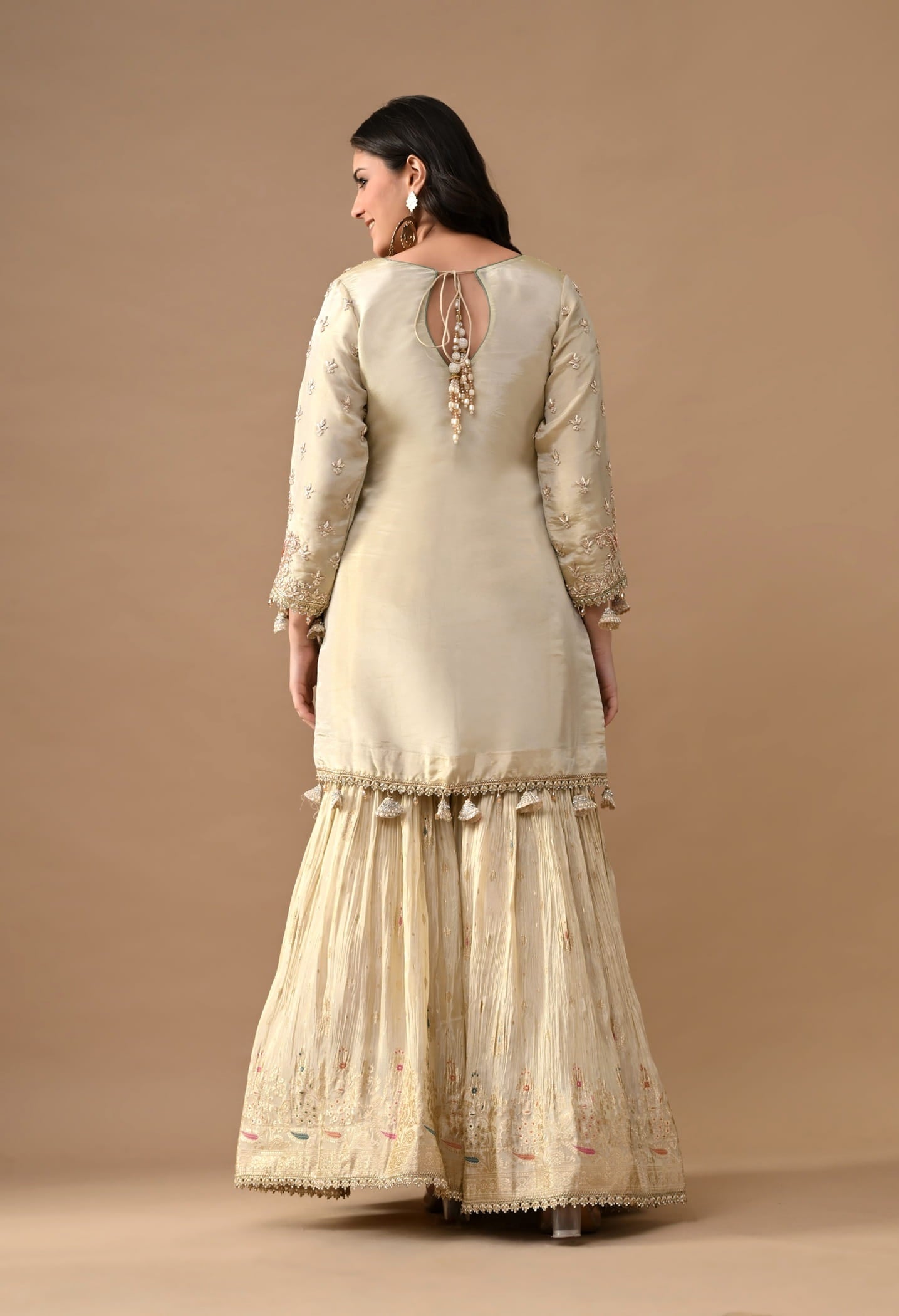 Golden Gharara Set with Dabka, Pearl, Sequin, and Thread embroidery.