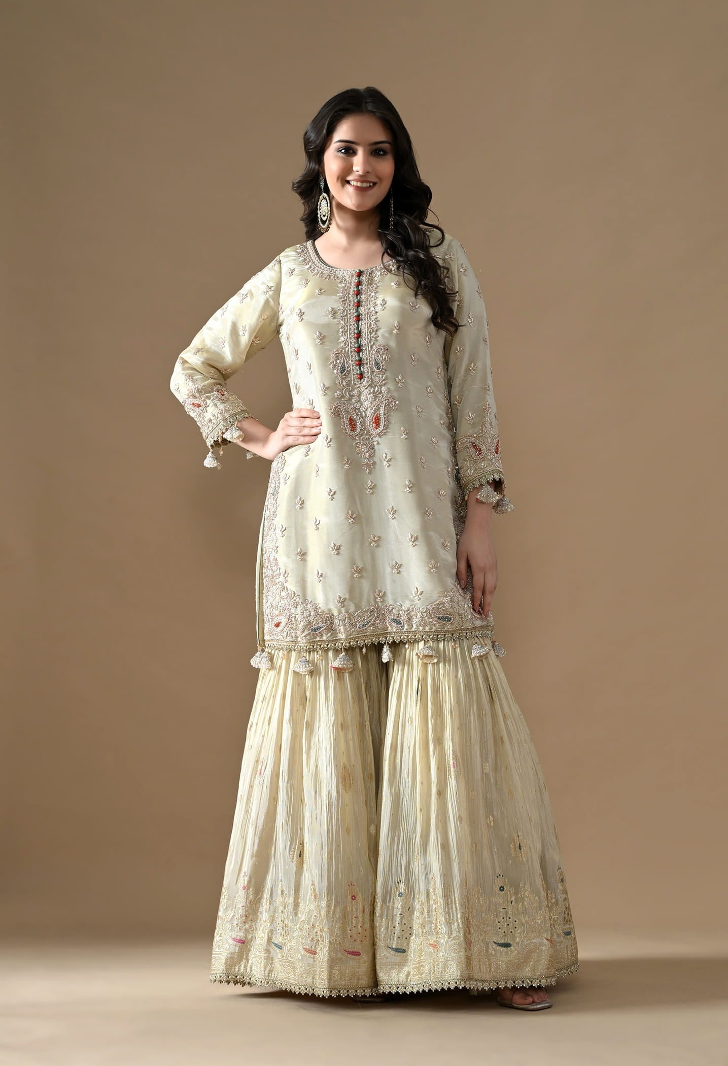 Golden Gharara Set with Dabka, Pearl, Sequin, and Thread embroidery.