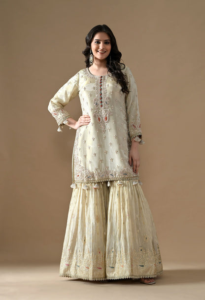 Golden Gharara Set with Dabka, Pearl, Sequin, and Thread embroidery.