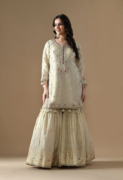 Golden Gharara Set with Dabka, Pearl, Sequin, and Thread embroidery.