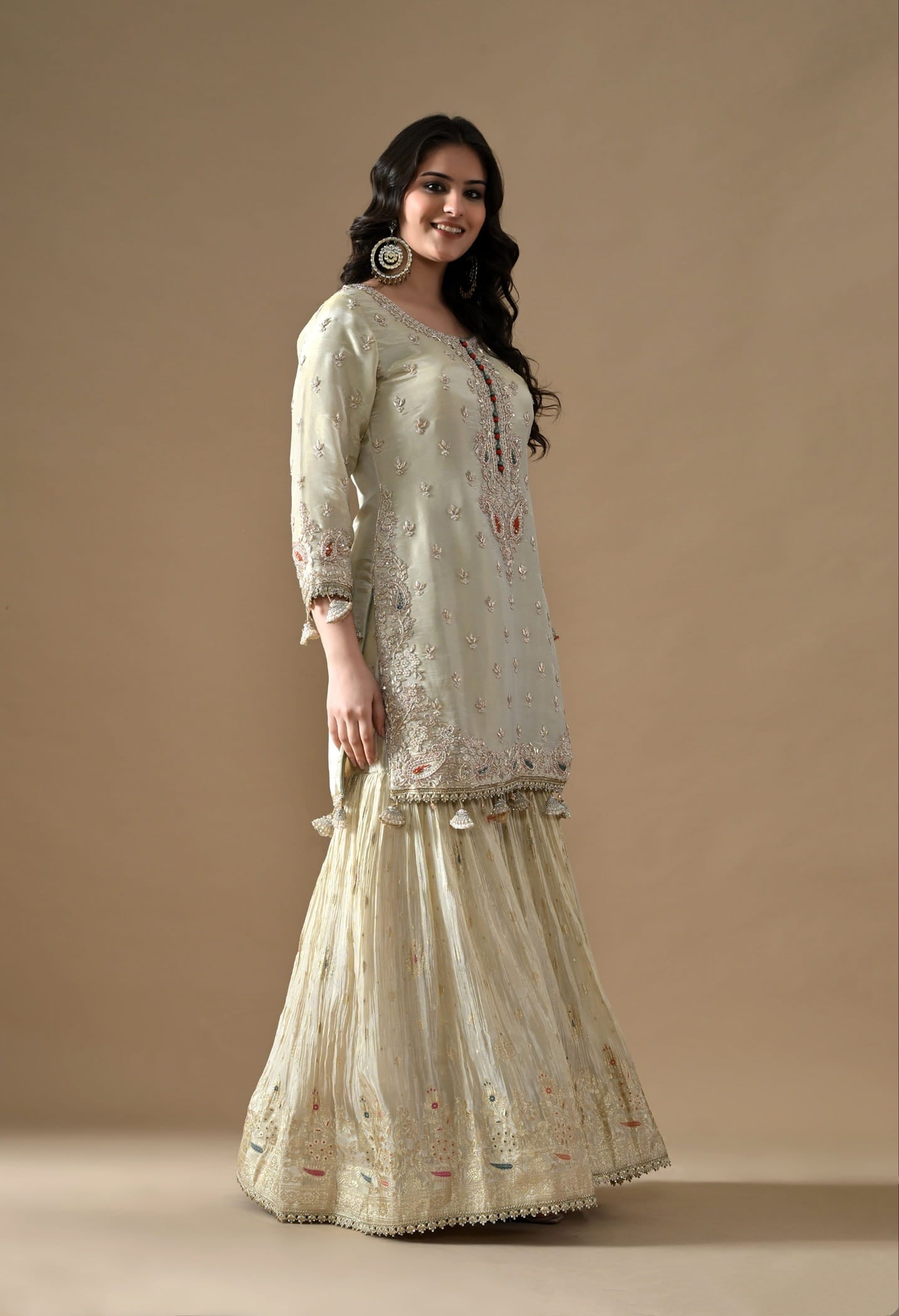 Golden Gharara Set with Dabka, Pearl, Sequin, and Thread embroidery.