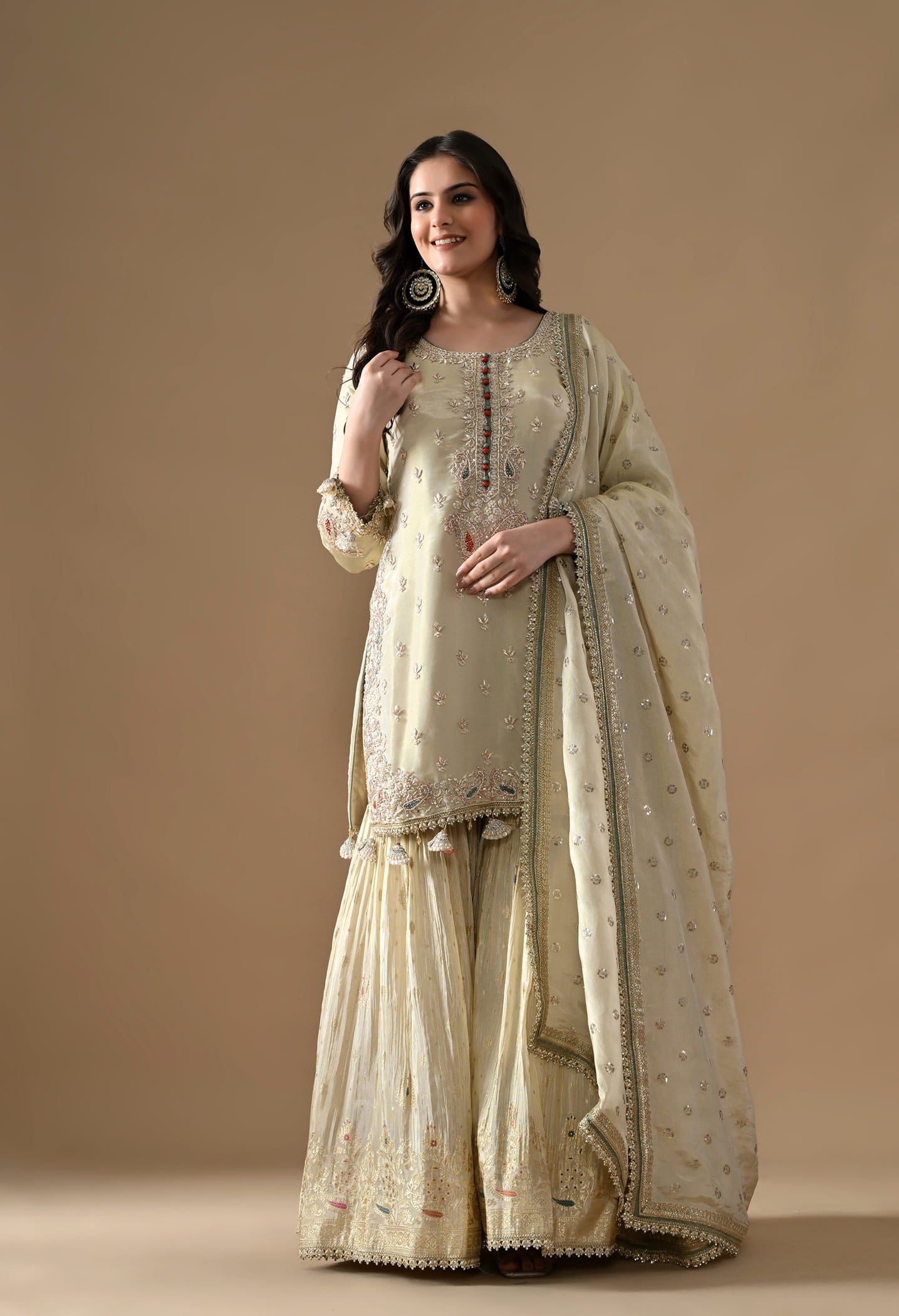 Golden Gharara Set with Dabka, Pearl, Sequin, and Thread embroidery.