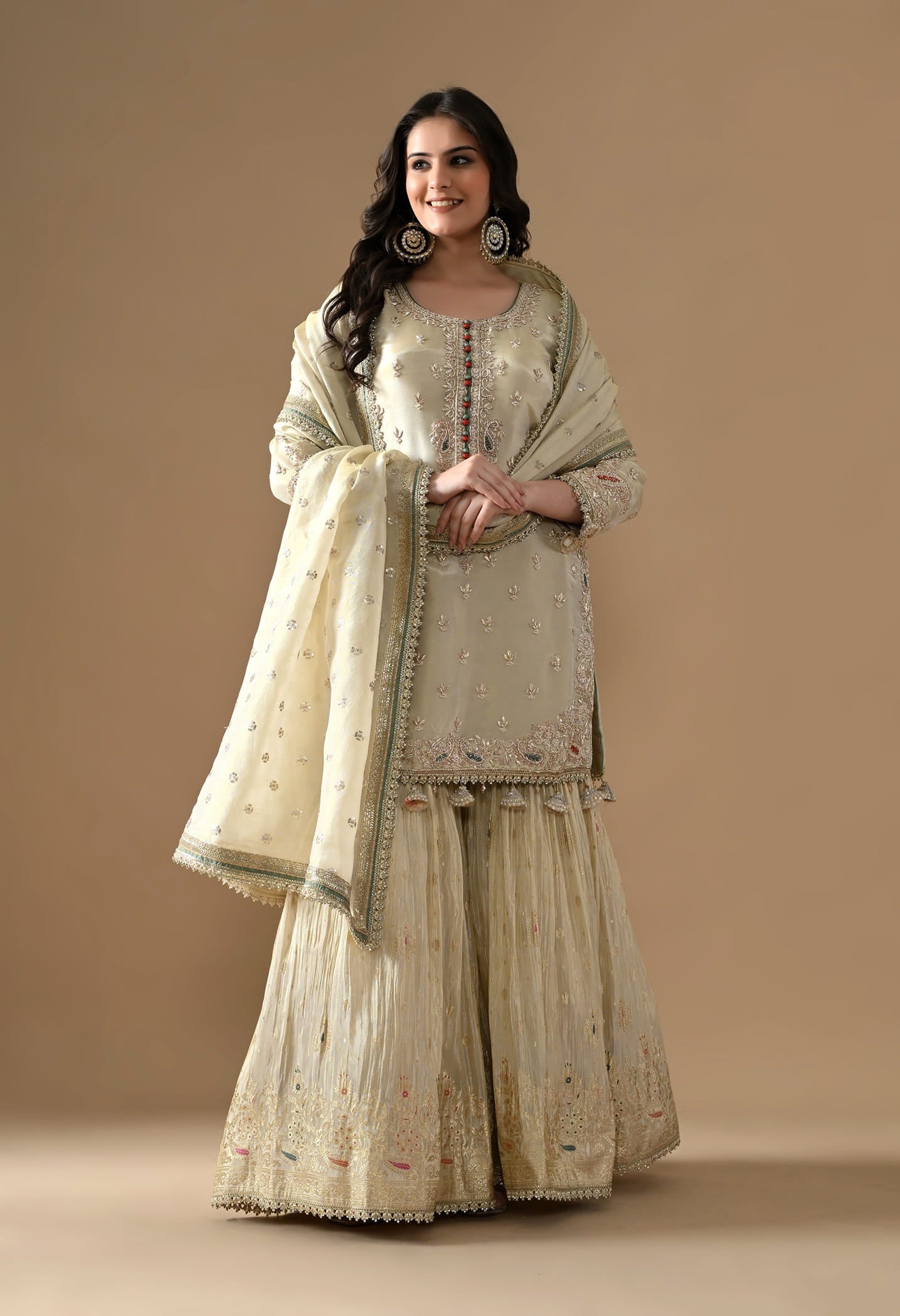 Golden Gharara Set with Dabka, Pearl, Sequin, and Thread embroidery.