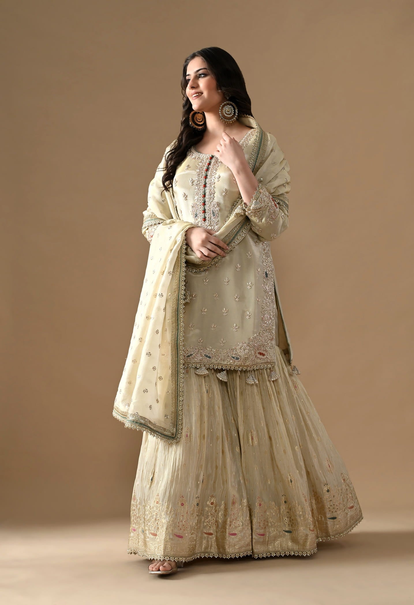 Golden Gharara Set with Dabka, Pearl, Sequin, and Thread embroidery.