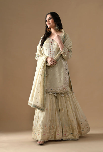 Golden Gharara Set with Dabka, Pearl, Sequin, and Thread embroidery.