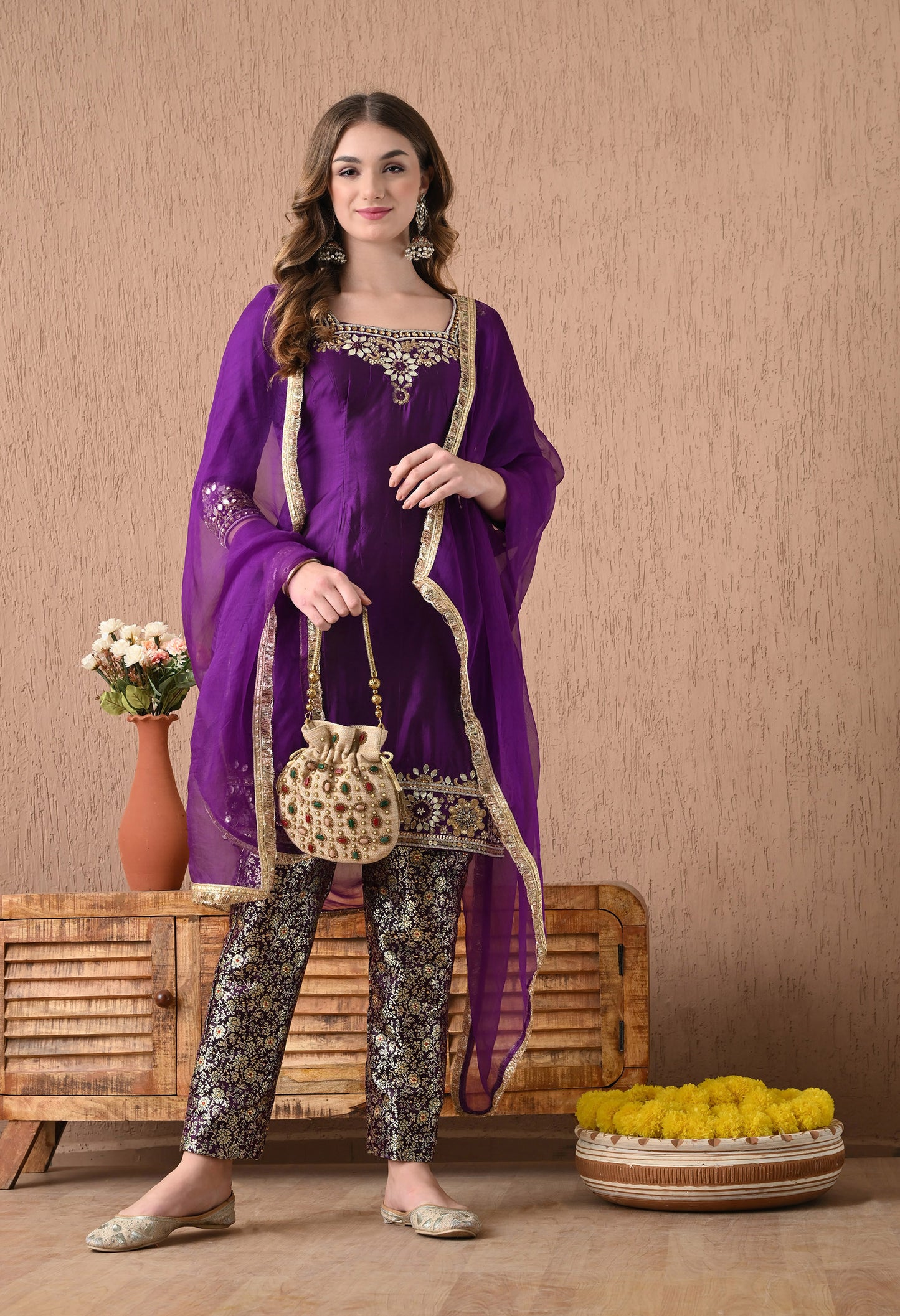 Beautiful and Regal Purple Kurta Set with Gotta, Zardozi, and Sequence Work