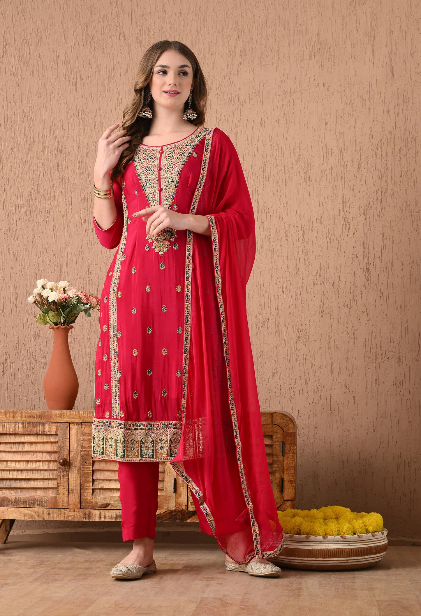 Mesmerising Pinkish Red Kurta Set with Zardozi, Thread, and Sequence Work