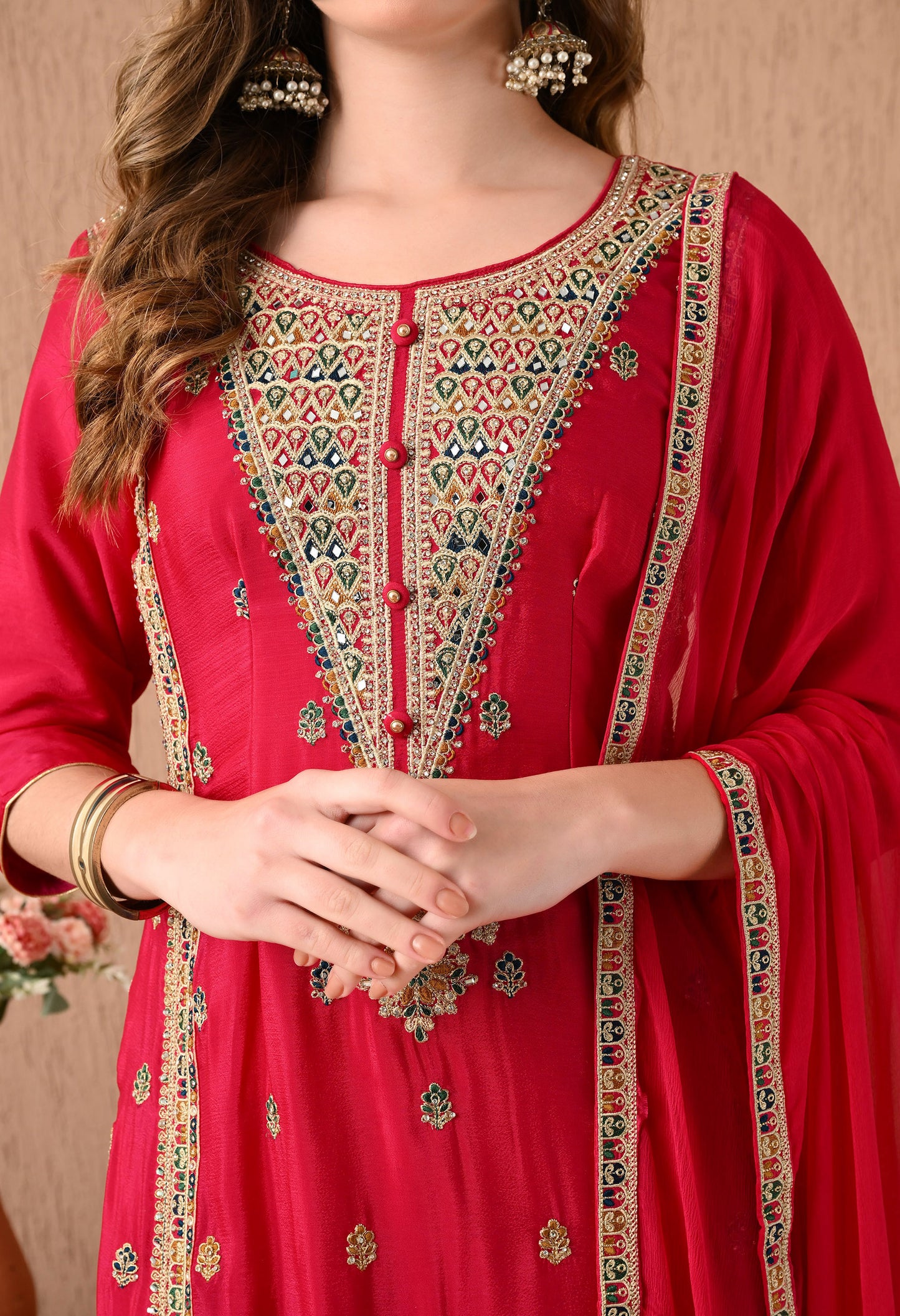 Mesmerising Pinkish Red Kurta Set with Zardozi, Thread, and Sequence Work