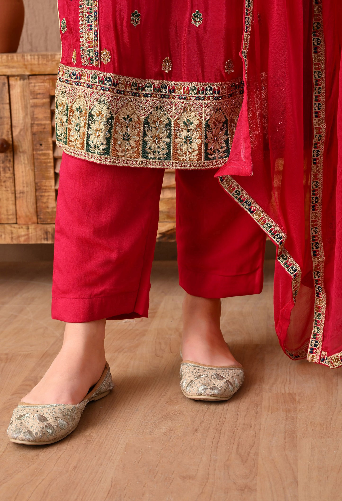 Mesmerising Pinkish Red Kurta Set with Zardozi, Thread, and Sequence Work