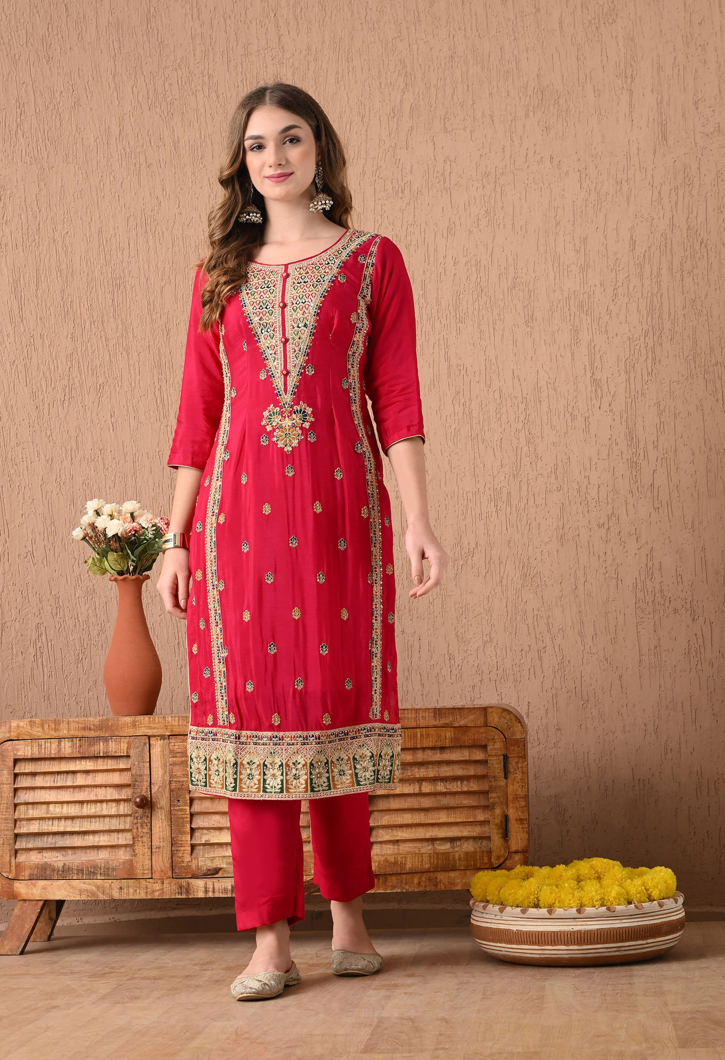 Mesmerising Pinkish Red Kurta Set with Zardozi, Thread, and Sequence Work