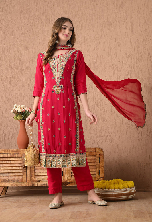 Mesmerising Pinkish Red Kurta Set with Zardozi, Thread, and Sequence Work