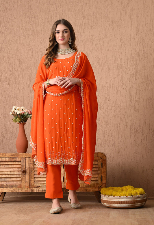 Vibrant Orange Kurta Set with Beautiful Zardozi, Pearl, and Cutdana Work