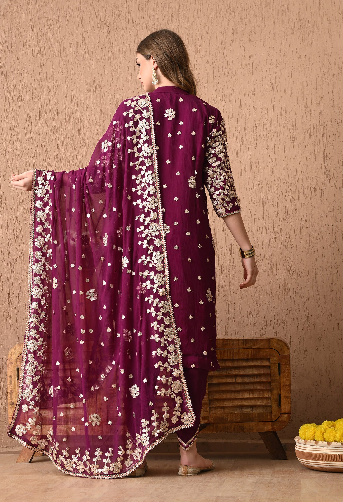 Regal Royal Purple Bamber Chiffon Kurta Set with LCD and Gotta Embroidery