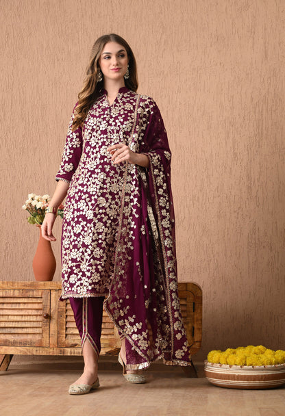 Regal Royal Purple Bamber Chiffon Kurta Set with LCD and Gotta Embroidery