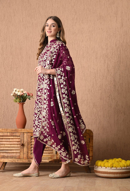 Regal Royal Purple Bamber Chiffon Kurta Set with LCD and Gotta Embroidery