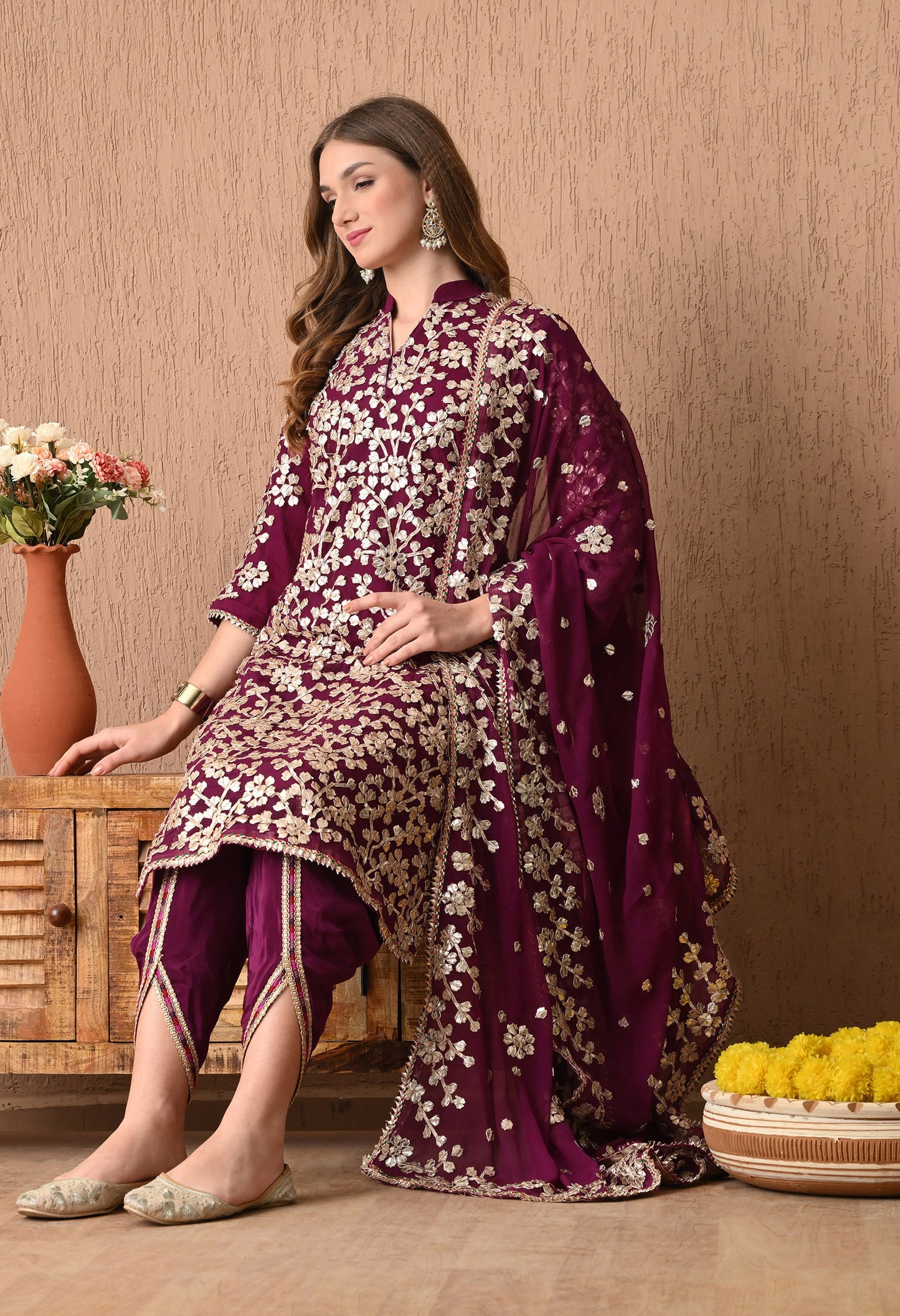 Regal Royal Purple Bamber Chiffon Kurta Set with LCD and Gotta Embroidery