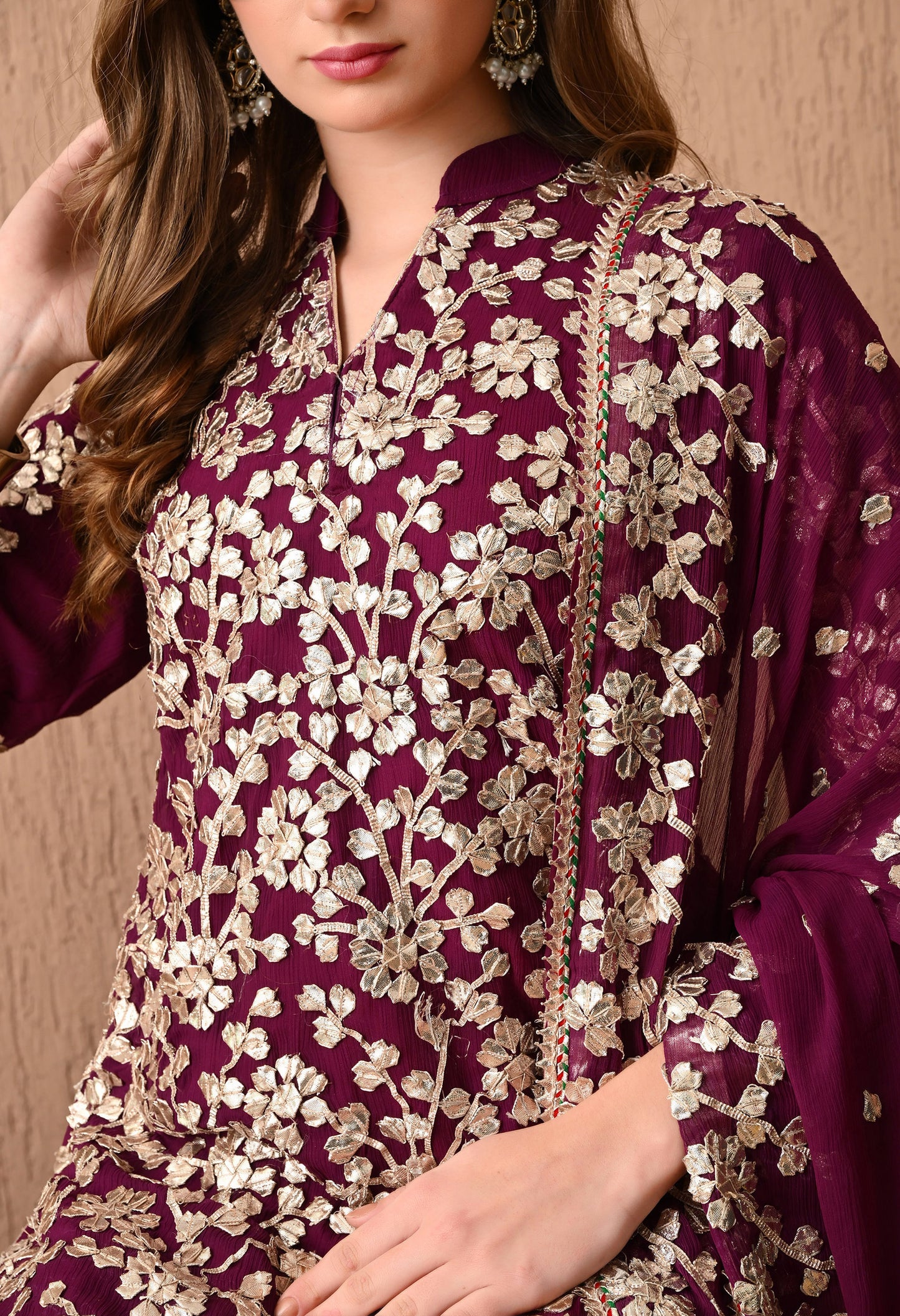 Regal Royal Purple Bamber Chiffon Kurta Set with LCD and Gotta Embroidery