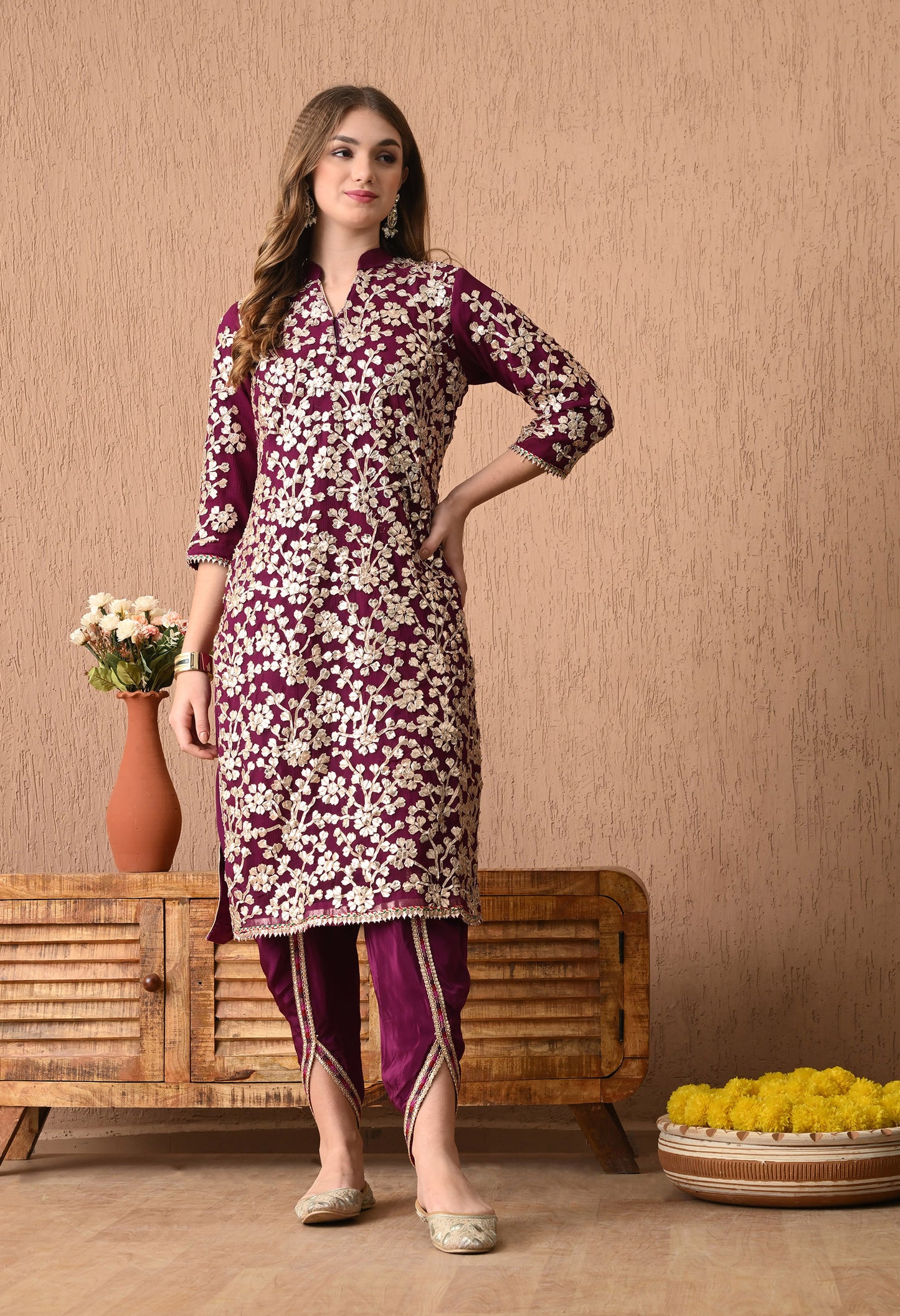 Regal Royal Purple Bamber Chiffon Kurta Set with LCD and Gotta Embroidery