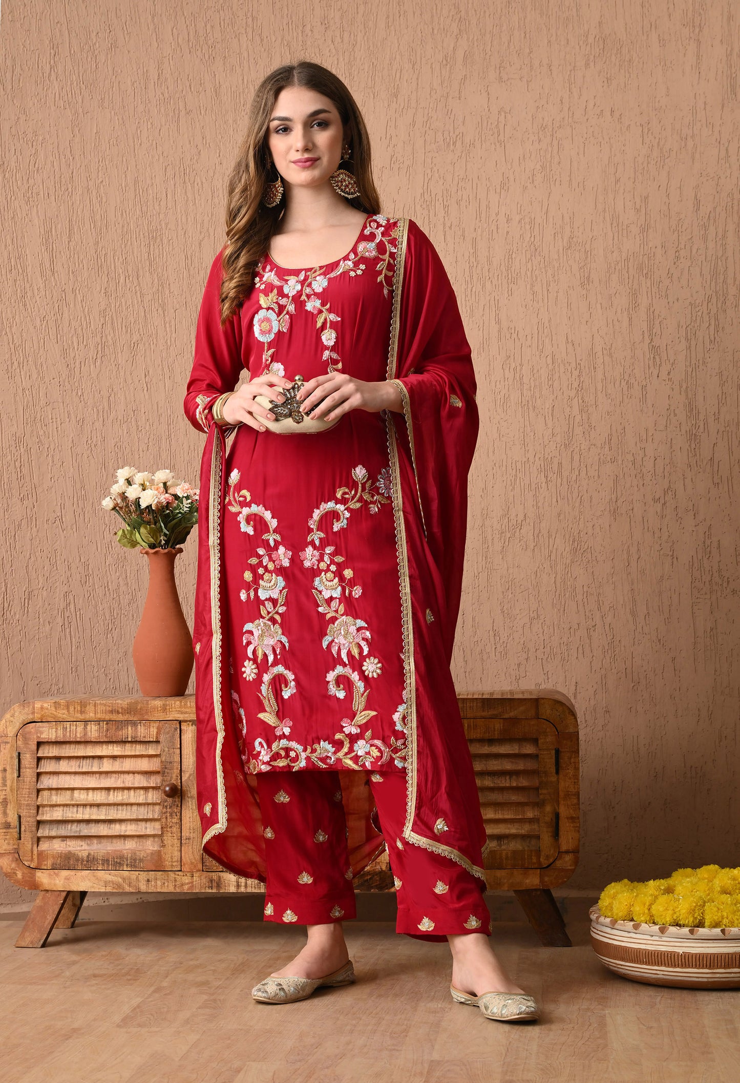 Radiant Hot Pink Zardozi Sequin Embroidered Crepe Kurta Set