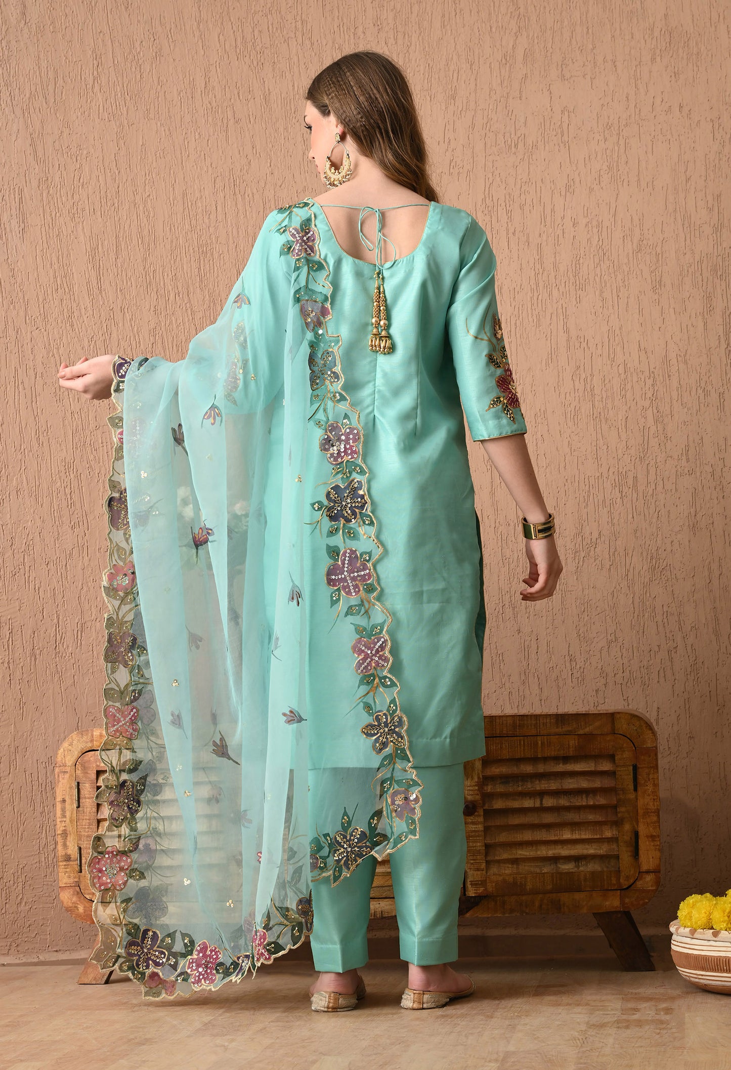 Turquoise Green Silk Kurta Set with Intricate Embroidery and Hand-Painted Detailing