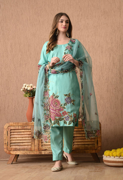 Turquoise Green Silk Kurta Set with Intricate Embroidery and Hand-Painted Detailing