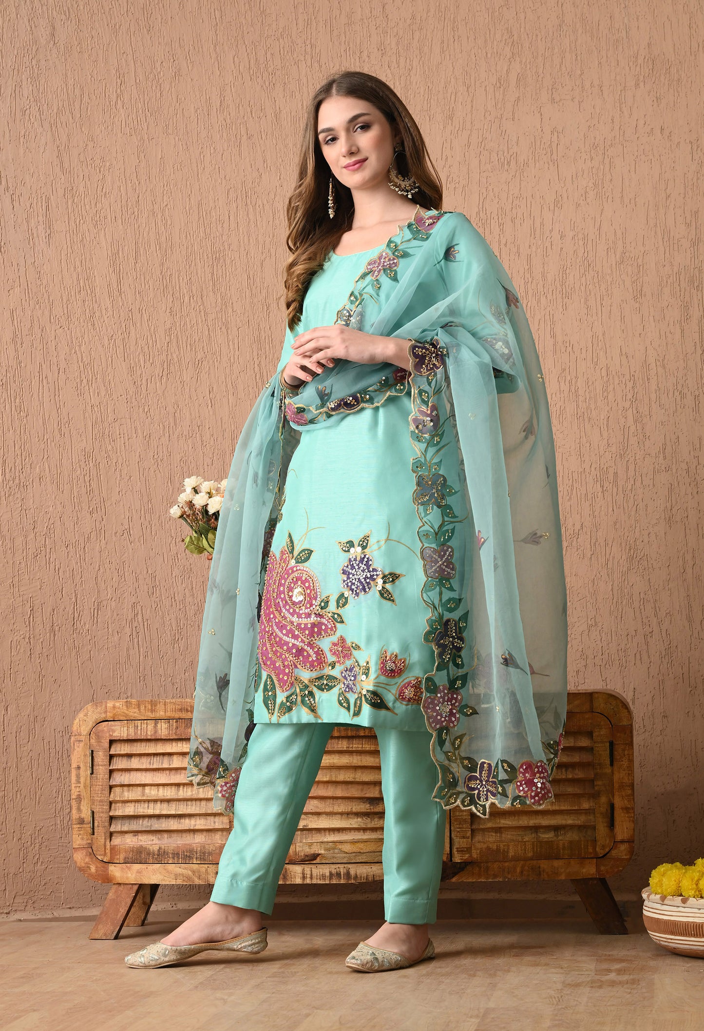 Turquoise Green Silk Kurta Set with Intricate Embroidery and Hand-Painted Detailing