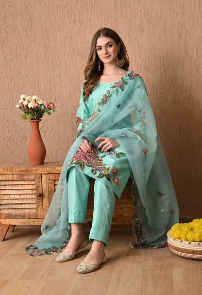 Turquoise Green Silk Kurta Set with Intricate Embroidery and Hand-Painted Detailing