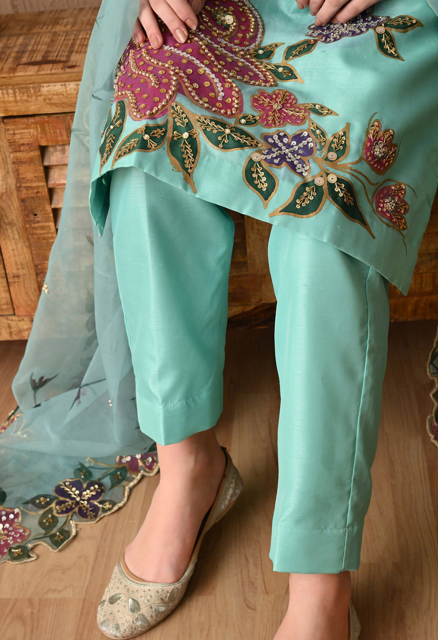 Turquoise Green Silk Kurta Set with Intricate Embroidery and Hand-Painted Detailing