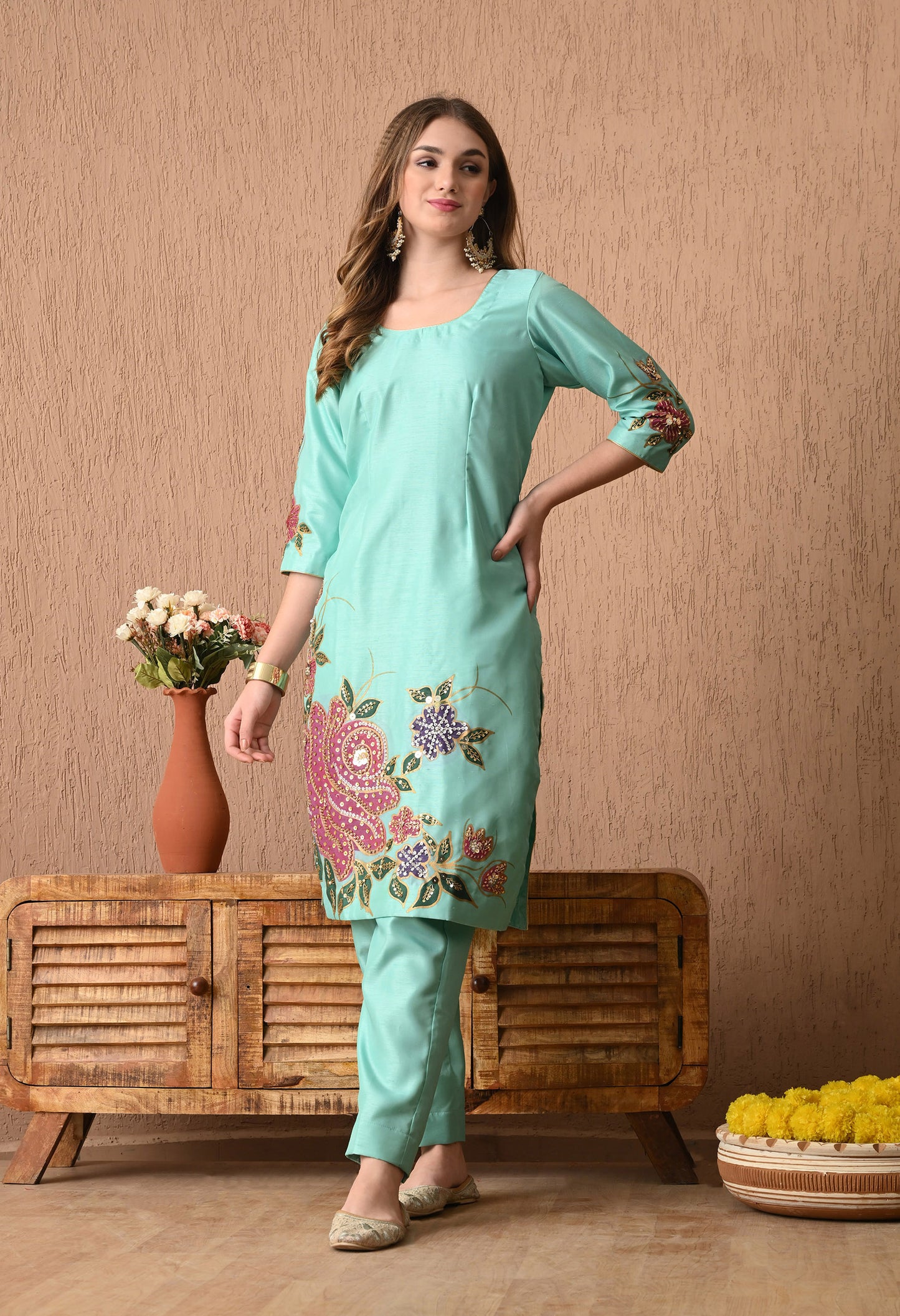 Turquoise Green Silk Kurta Set with Intricate Embroidery and Hand-Painted Detailing