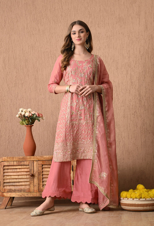 Sophisticated Dark Peach Kurta Set, Embellished with Exquisite Zardozi, Sequin, and Tilla Embroidery
